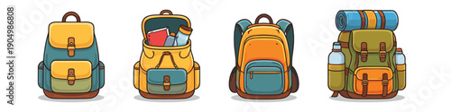 Collection of colorful cartoon backpacks for travel and outdoor adventures