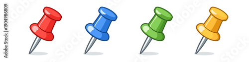 Set of four colorful push pins, red, blue, green, and yellow, isolated on white