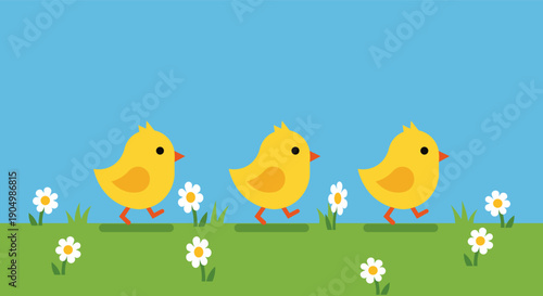 Three cute yellow chicks walking in a line across a grassy field with flowers