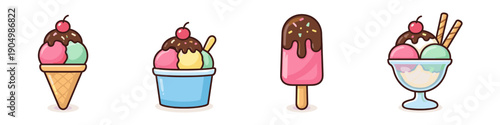Collection of delicious cartoon ice cream desserts in various forms and flavors