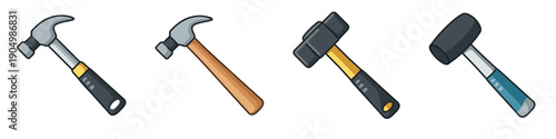Collection of four different types of hammers with cartoonish style and white background