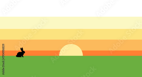 Silhouette of a rabbit in a field at sunrise with colorful striped sky