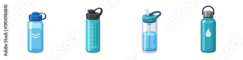 Collection of four different reusable water bottles in various blue shades and designs