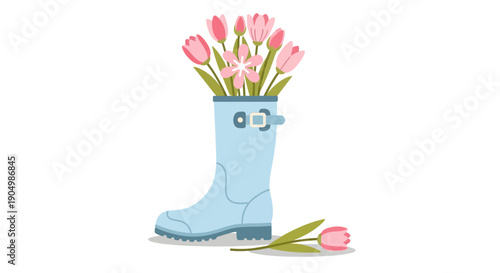 A blue rain boot filled with pink tulips standing alone on a white background with a fallen flower beside it