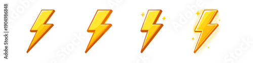 Collection of four stylized yellow lightning bolt icons with varying degrees of sparkle and glow