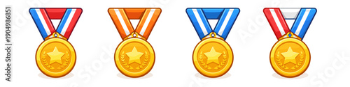 Collection of four cartoon gold medals with different colored ribbons for awards