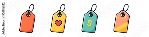 Collection of colorful price tags with different icons and designs for retail and sales