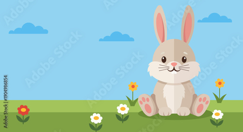 Cute cartoon bunny sitting in a field of flowers under a blue sky with clouds