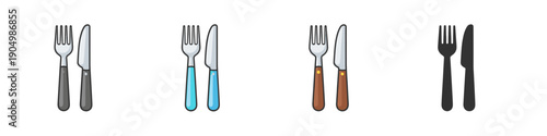Set of four different fork and knife icons representing dining cutlery in various styles