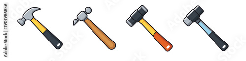 Collection of four different types of hammers with cartoonish design and white background