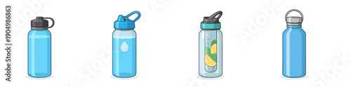 Collection of four blue reusable water bottles with different designs and lids