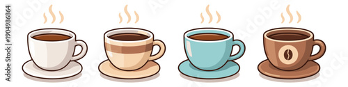 Four steaming cups of coffee in different styles and colors on white background