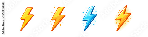 Collection of stylized lightning bolt icons in yellow and blue with sparkling effects