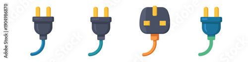 Collection of diverse electrical plugs and cords in a flat design style
