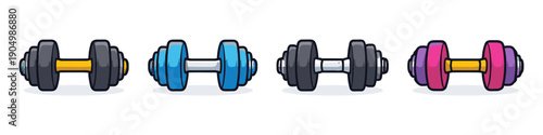 Collection of colorful cartoon dumbbells for fitness and weightlifting exercises
