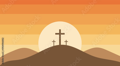 Three crosses silhouetted against a large sun and striped sky at sunset