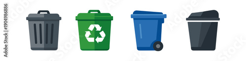 Collection of four different trash cans and recycling bins in various colors and styles