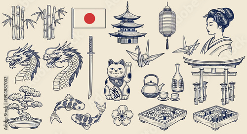 A serene Japanese scene featuring a woman, dragon, and cultural icons in a traditional setting viewed from a straightforward perspective