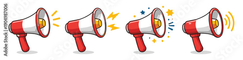 Set of four cartoon megaphones announcing with sound waves and stars