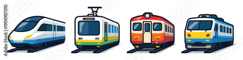 Collection of diverse cartoon trains on railway tracks, vector illustration