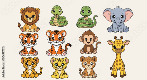 Collection of cartoon wild animals including lions, tigers, and giraffes standing together in a graphic illustration from a front viewpoint