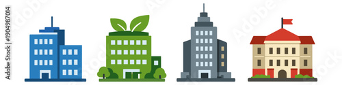 Diverse building types illustration: corporate, eco-friendly, modern, and traditional architecture