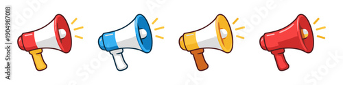 Collection of colorful cartoon megaphones announcing with sound waves