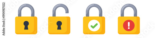 Four yellow padlocks showing different security statuses: locked, unlocked, approved, and warning
