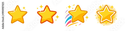 Collection of four shiny golden stars with sparkles and colorful accents
