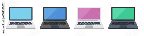Collection of four modern laptops with colorful screens on a white background