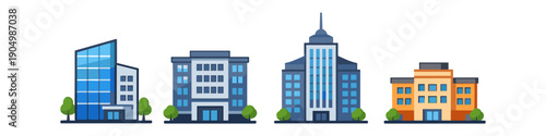Collection of modern office buildings and corporate architecture in a flat design style