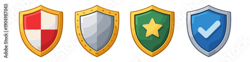 Collection of four distinct cartoon shields representing security and protection concepts
