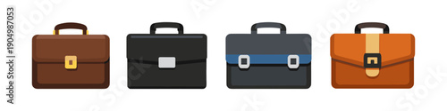 Collection of four diverse briefcases, each with unique clasps and handles, displayed side by side
