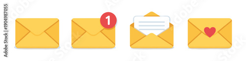 Set of four yellow envelopes showing different states of communication and notification