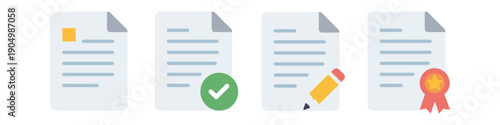Set of document icons representing different stages of work and achievement