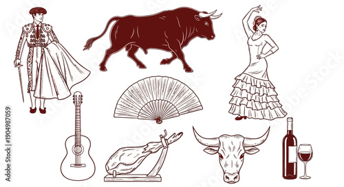 Vibrant Spanish Culture Illustration Featuring Matador, Dancer, Bull, Music, and Wine