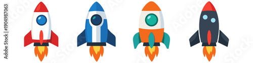 Four colorful cartoon rockets launching into space with fiery exhaust trails