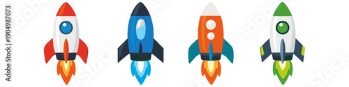 Four colorful cartoon rockets launching into space with fiery exhaust trails