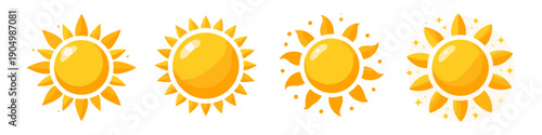 Collection of stylized cartoon sun icons with bright yellow and orange colors