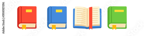 Collection of colorful closed and open books with bookmarks, flat design icons