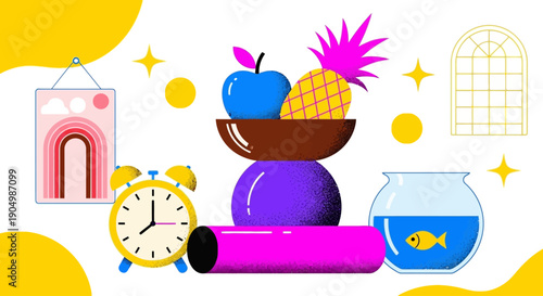 A vibrant collection of objects including fruit, clock, fishbowl, and decorations viewed from directly above in a playful environment