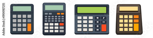 Collection of four different electronic calculators with displays and keypads