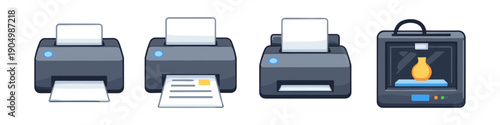 Set of modern printers and 3D printer icons on white background