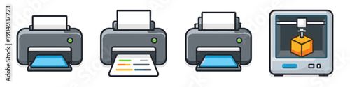 Collection of printer icons including a 3D printer creating a cube object