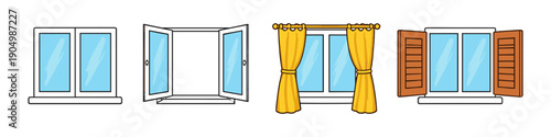 Collection of four different cartoon window illustrations with various styles and open/closed states