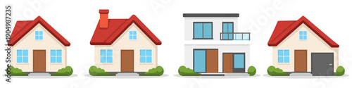 Collection of diverse cartoon houses with red roofs and green bushes