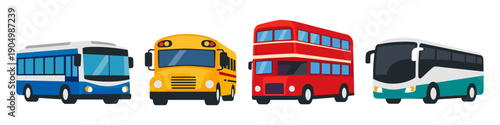 Collection of diverse buses including city, school, double-decker, and coach designs