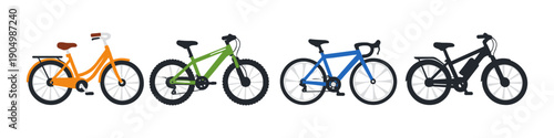 Collection of diverse bicycle types including cruiser, mountain, road, and electric bikes