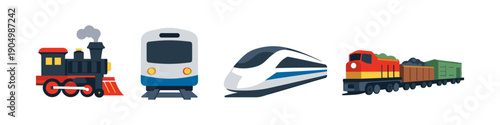 Collection of diverse train types from steam to modern high-speed and freight