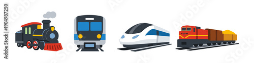 Collection of diverse train types from steam to modern high-speed and freight
